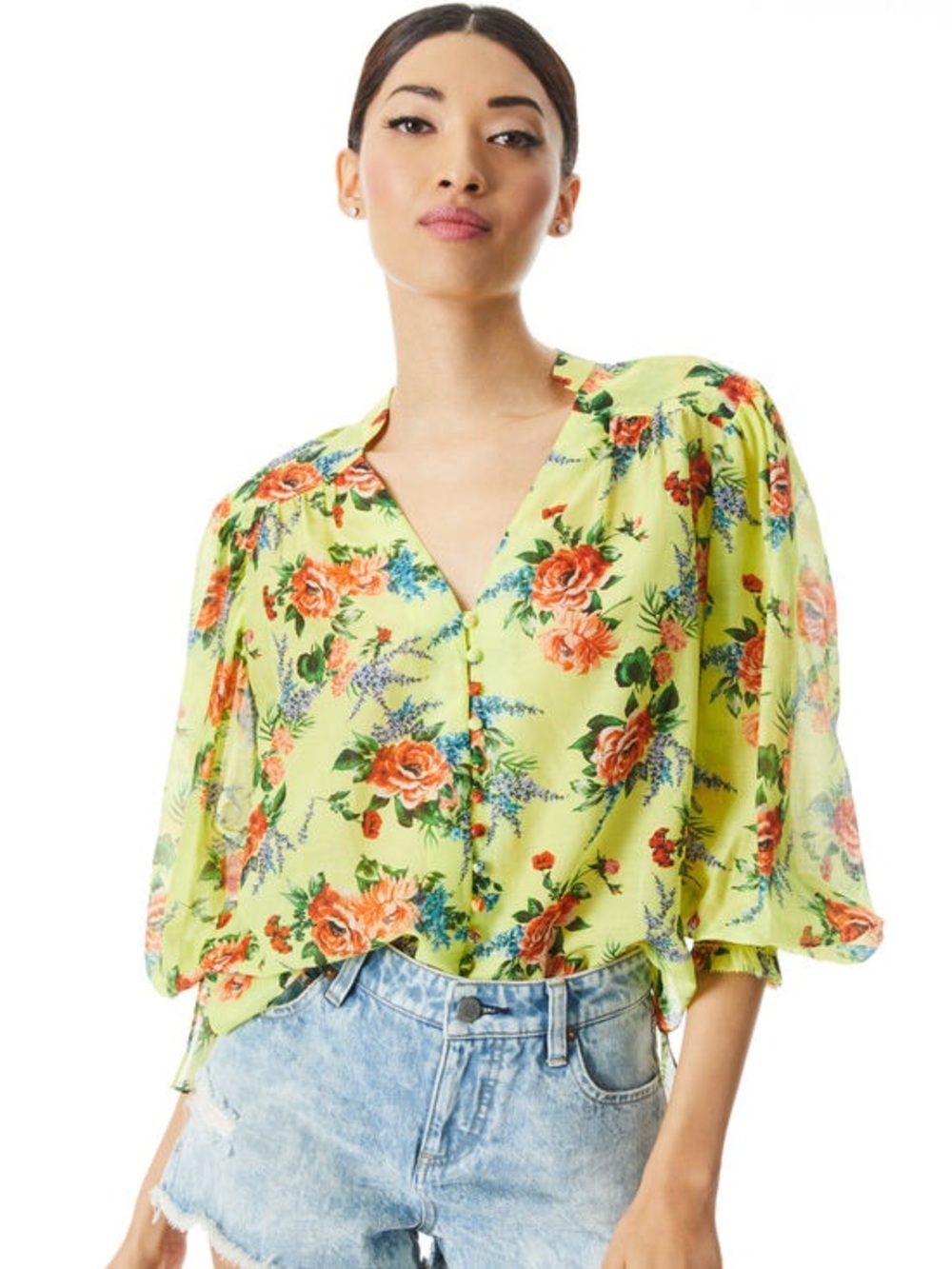 Alice + Olivia Serena yellow floral silk blend top size medium peasant boho